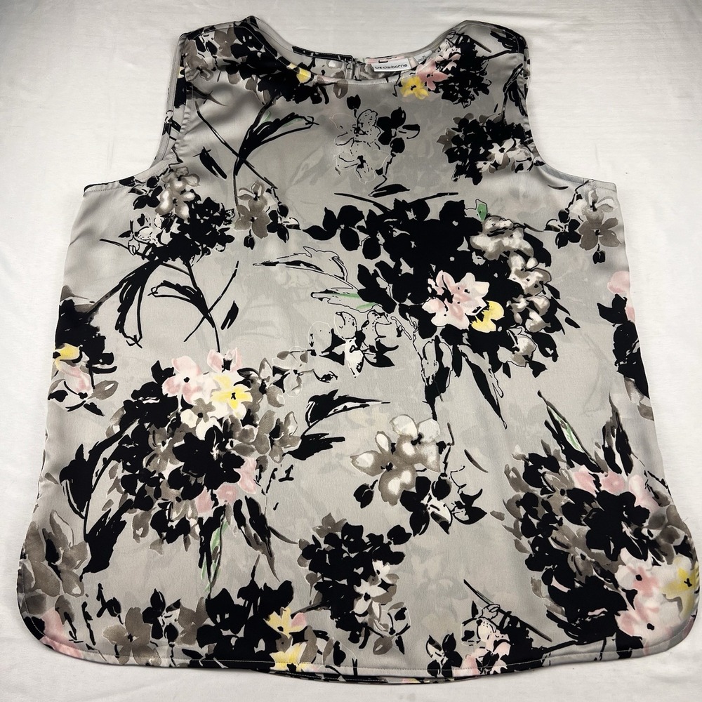 Liz Claiborne Floral Sleeveless Blouse Gray Black Pink Tank Office Capsule XL